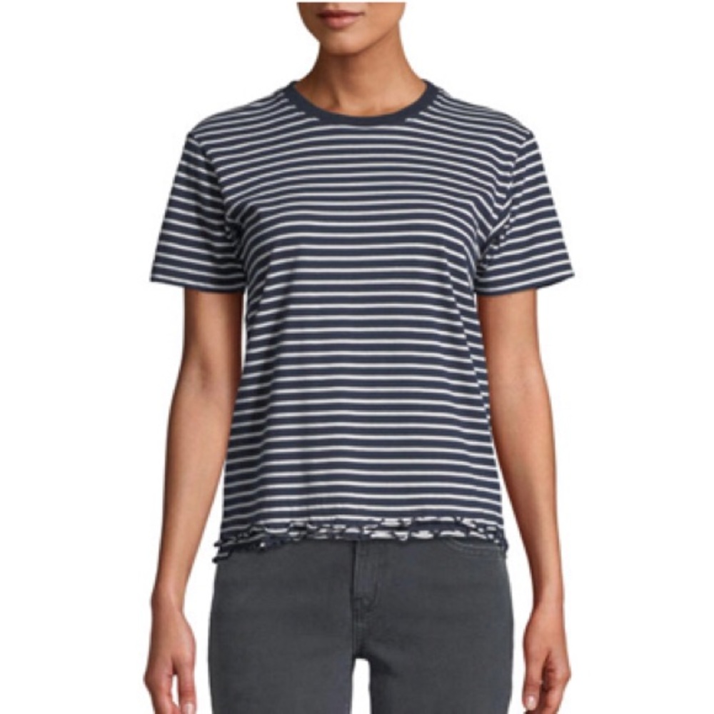 Derek Lam Denim Navy White Striped Crewneck Cotton Ruffled T-shirt Size Medium